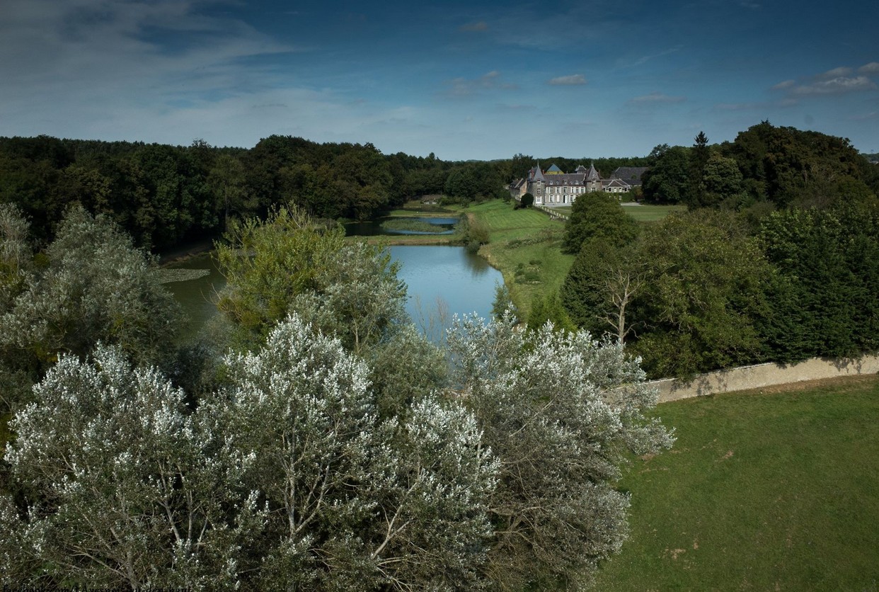 Vue aérienne du château d'Hugemont et de son parc.