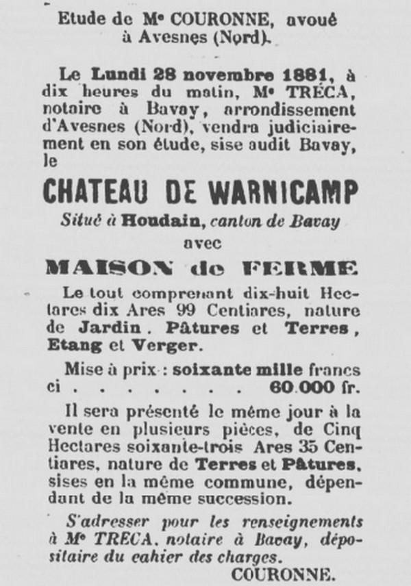 Château de Warnicamp, Annonce du Journal de Fourmies.
