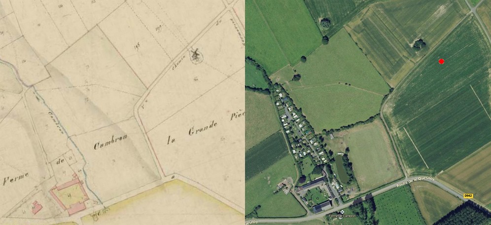 Avesnois, le moulin à vent de Bermeries sur le cadastre de 1831 et vue satellite.