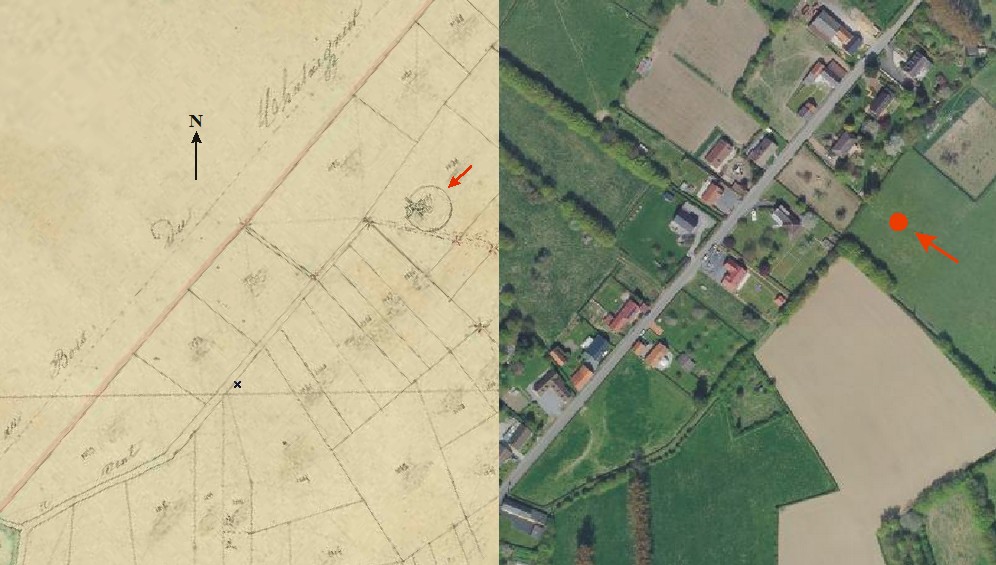 Avesnois, le moulin de Bousies sur le cadastre de 1831 et une projection sur la vue satellite.
