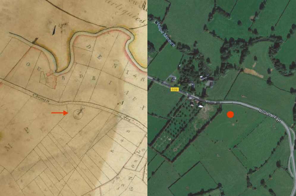 Avesnois, le moulin à vent de Cartignies sur le cadastre de 1813 et en vue satellite.