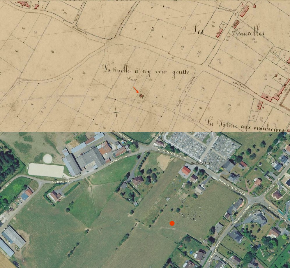 Avesnois, le moulin à vent de Colleret sur le cadastre de 1846 et en vue satellite.