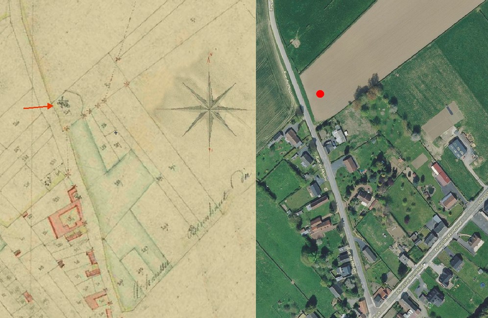 Avesnois, le moulin à vent de Croix Caluyau sur le cadastre de 1831 et vue satellite.