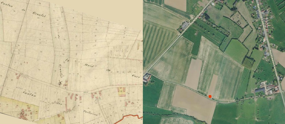 Avesnois, le moulin à vent d'Englefontaine sur le cadastre de 1831 et vue satellite.
