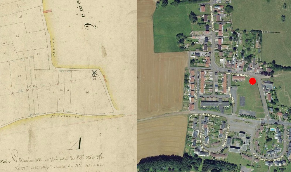 Avesnois, le moulin à vent de Feignies sur le cadastre de 1831 et vue satellite.