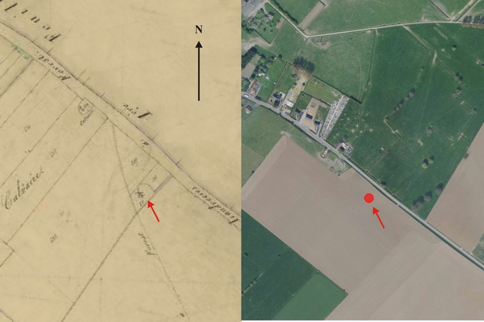 Avesnois, le moulin de Forest en Cambrésis sur le cadastre de 1831 et la projection de son emplacement sur la vue satellite.