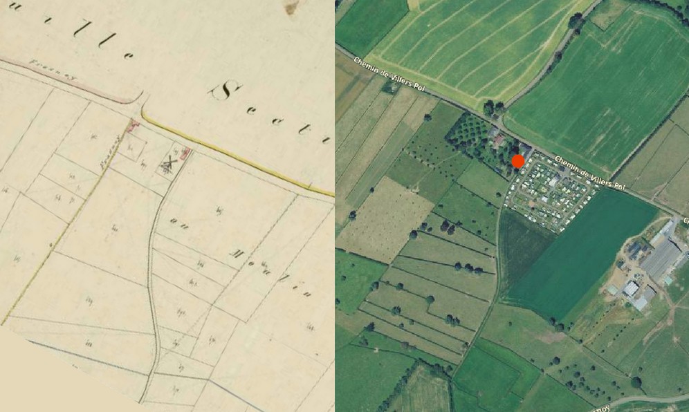 Avesnois, le moulin à vent de Frasnoy sur le cadastre de 1826 et vue satellite.
