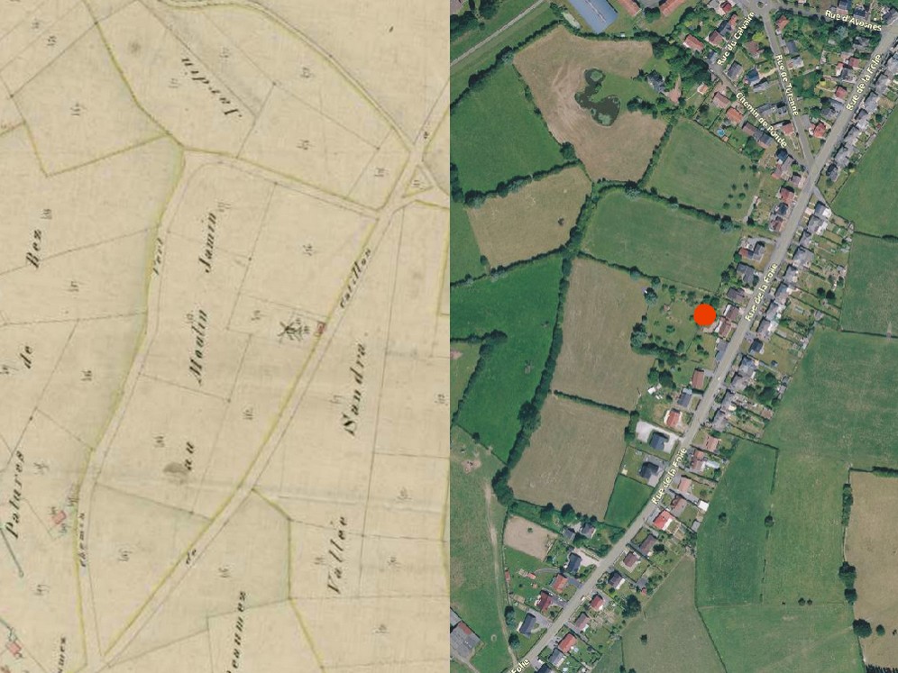  Avesnois, le moulin du hameau d'Happegarbes à Landrecies sur le cadastre de 1832 et en vue satellite.
