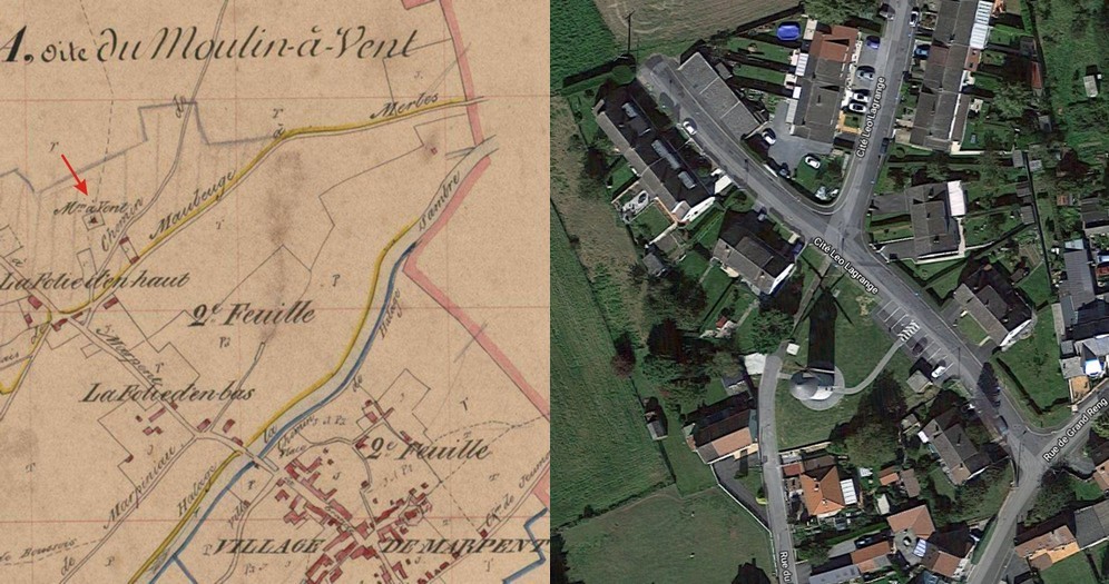 Avesnois, le moulin de la Parapette à Marpent sur le cadastre de 1848 et en vue satellite.