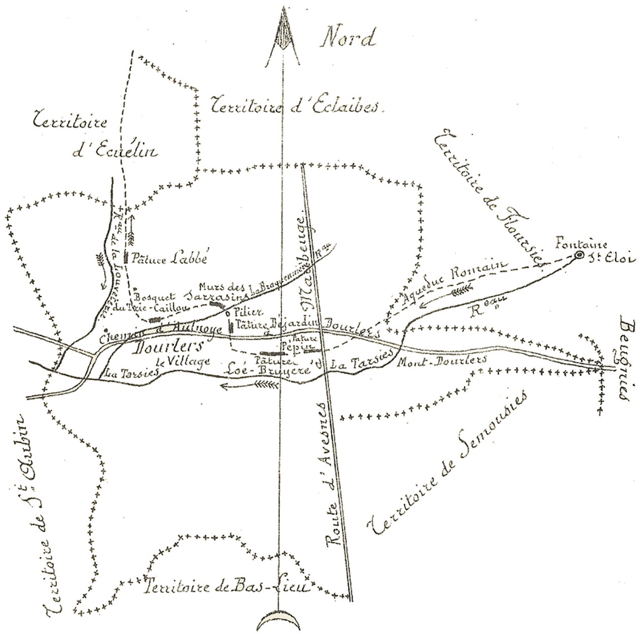 Carte des vestiges répertoriés à Dourlers par Chevalier. (1833)