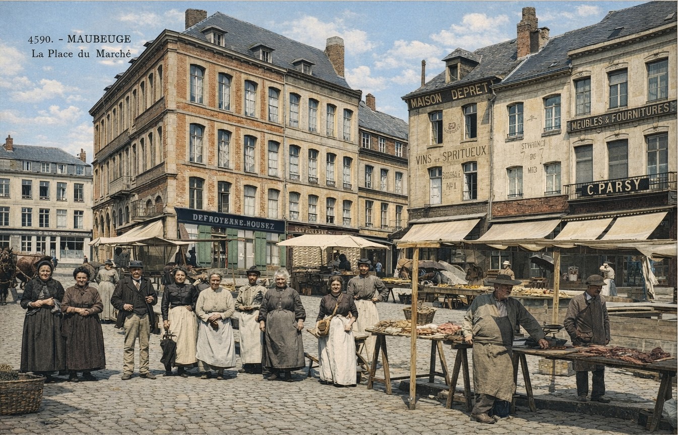 Carte postale de Maubeuge, place du marché aux Herbes. 