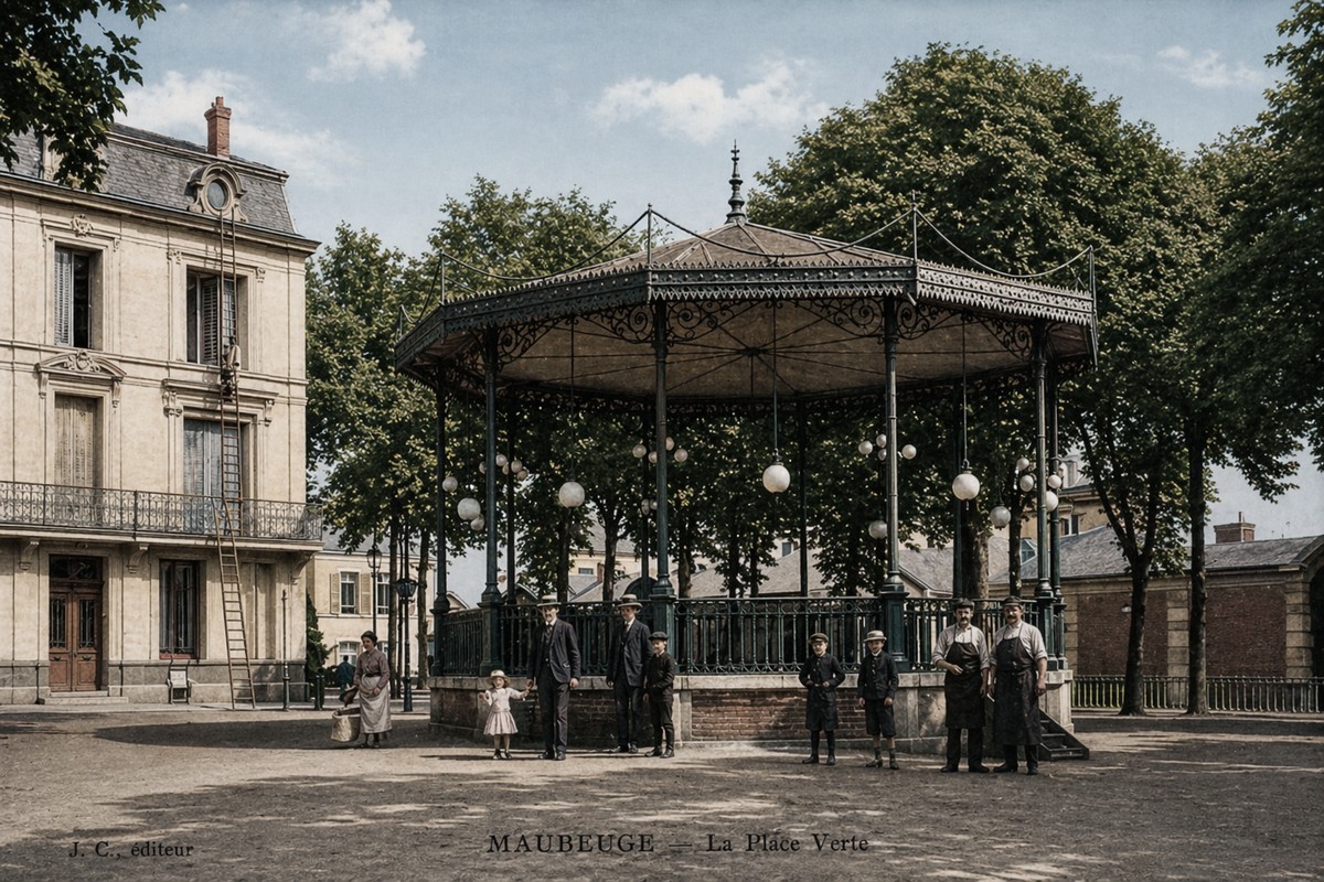 Maubeuge, cartes postales anciennes, la place Verte, le kiosque