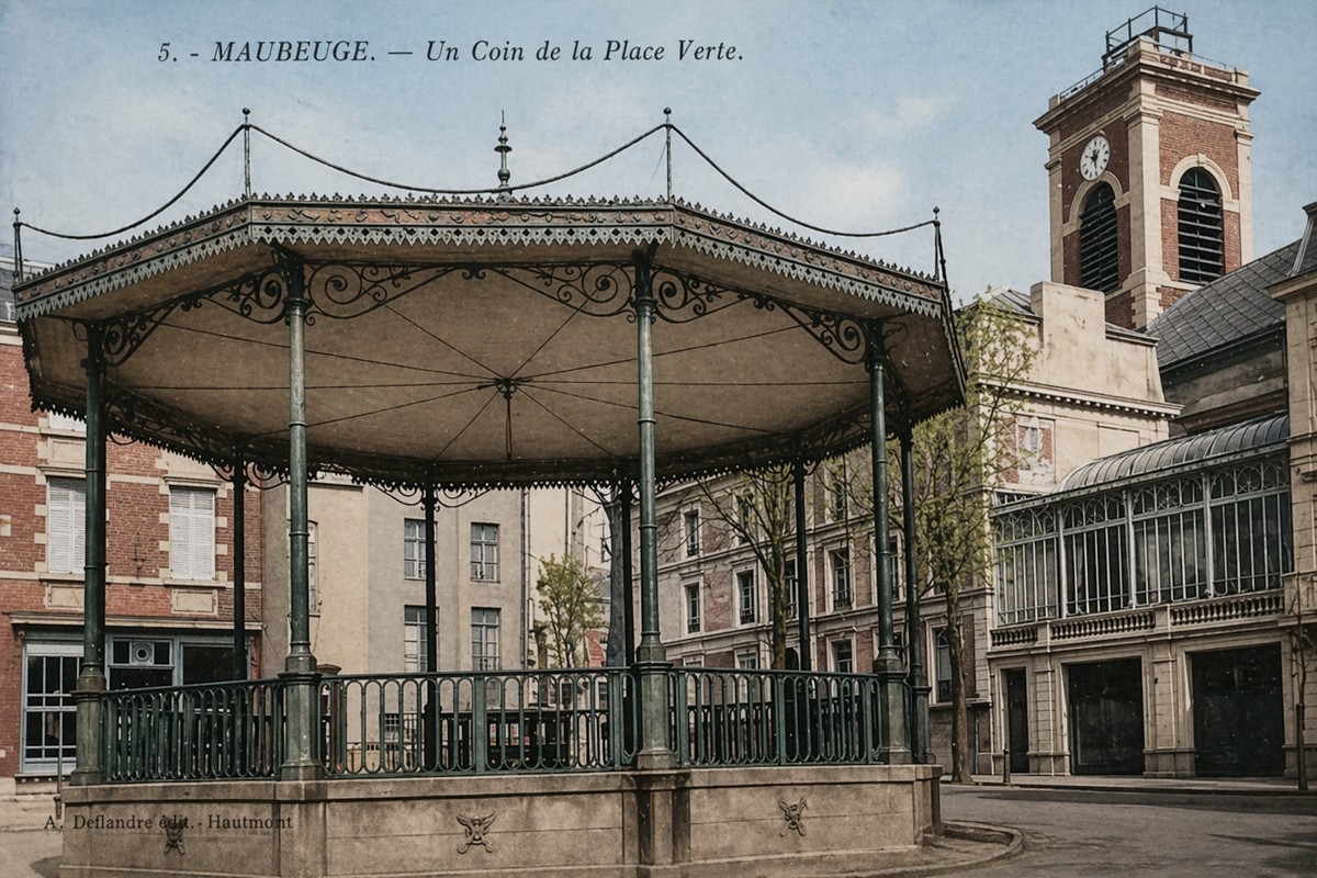 Maubeuge, cartes postales anciennes, la place Verte, le kiosque