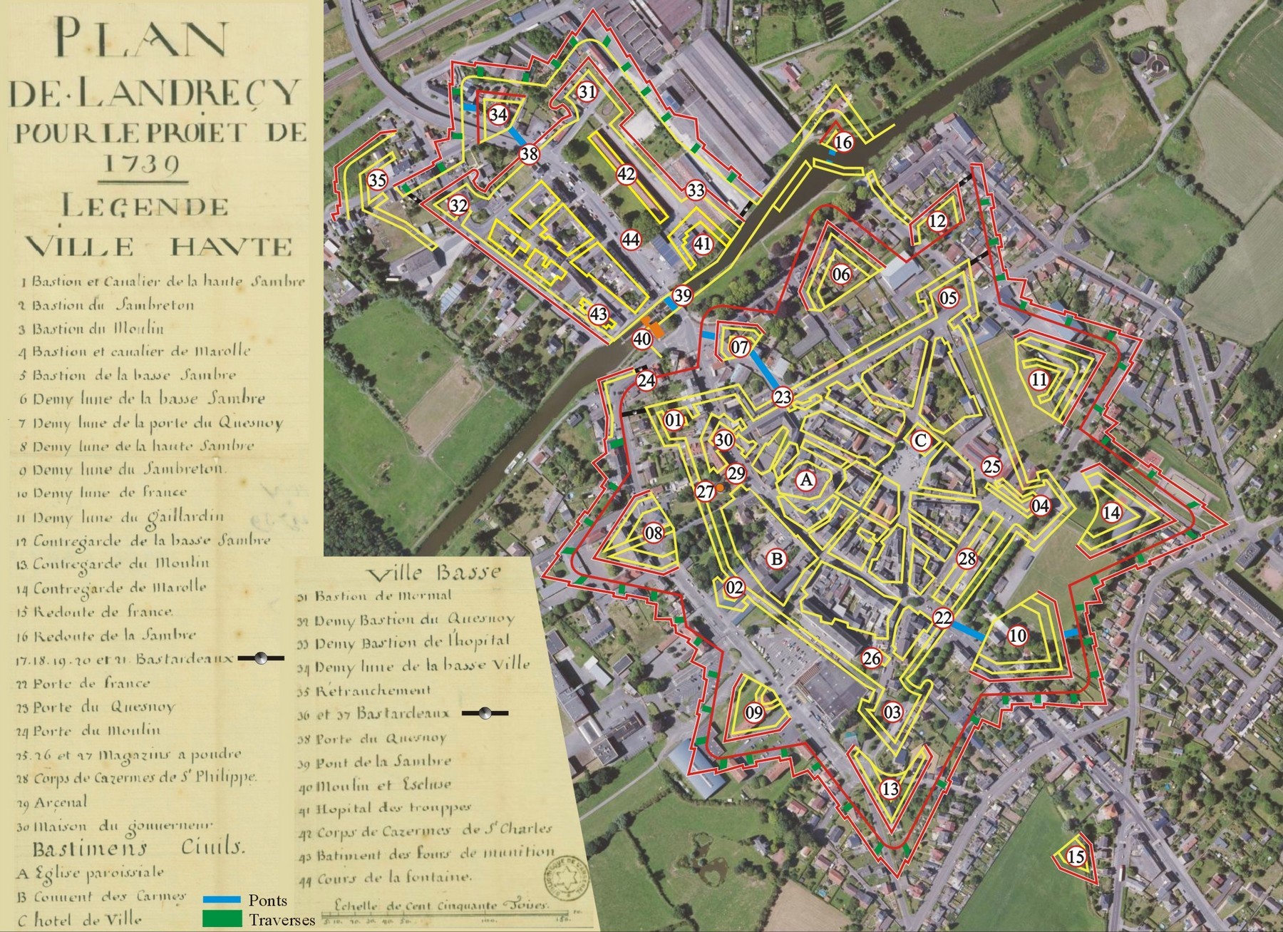Remparts de Landrecies, plan de 1739 projeté sur une vue satellite
