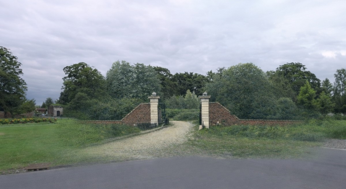 Projection de la porte de la demi-lune de Landrecies dans le paysage actuel