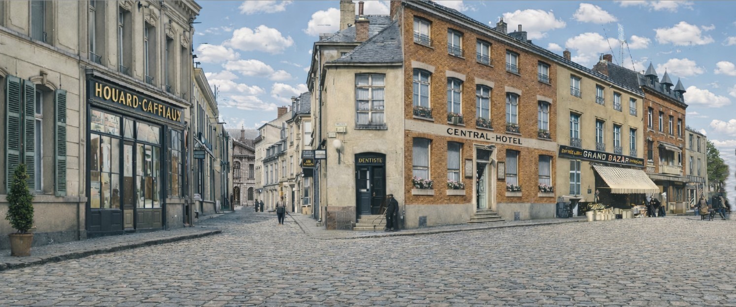 Montage de deux cartes postales du marché au square