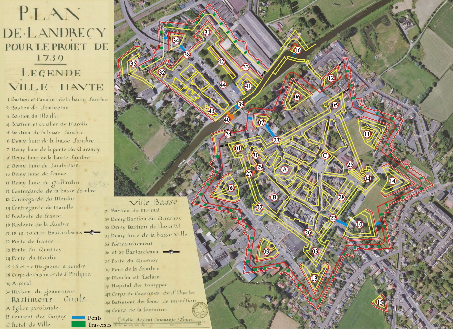 Remparts de Landrecies, Plan de 1739 projeté sur une vue satellite