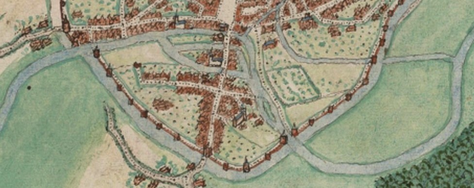 La Sambre à Maubeuge sur un plan de Jacques de Deventer vers 1550. 